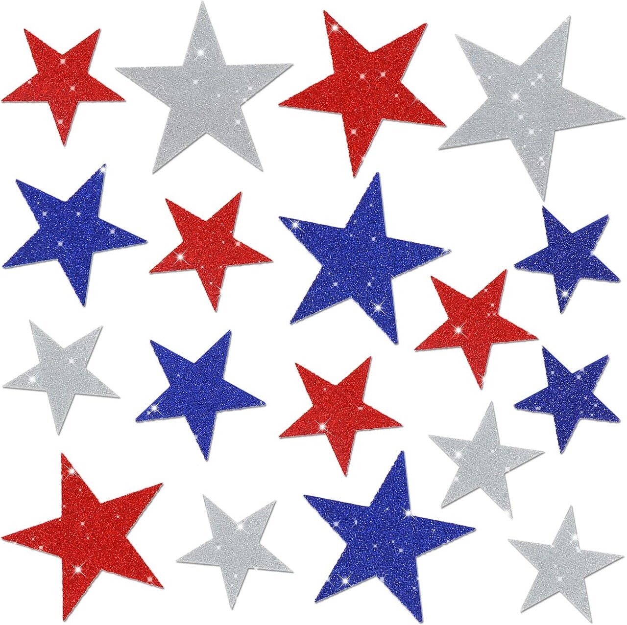 6 Sheets Glitter Stars Window Clings Patriotic Glitter Blue Red White Stars Window Stickers Double-Sided 4th of July for Party Supplies